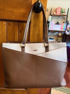 Two-Tone Brown and Cream Structured Tote